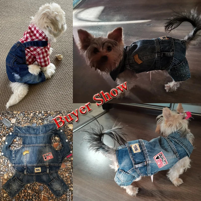 Dog Denim Jumpsuit Spring Overalls for Dogs, Plaid Shirts Jeans Pants Suit One-piece Small Dogs Clothes Yorkie Pet Apparel