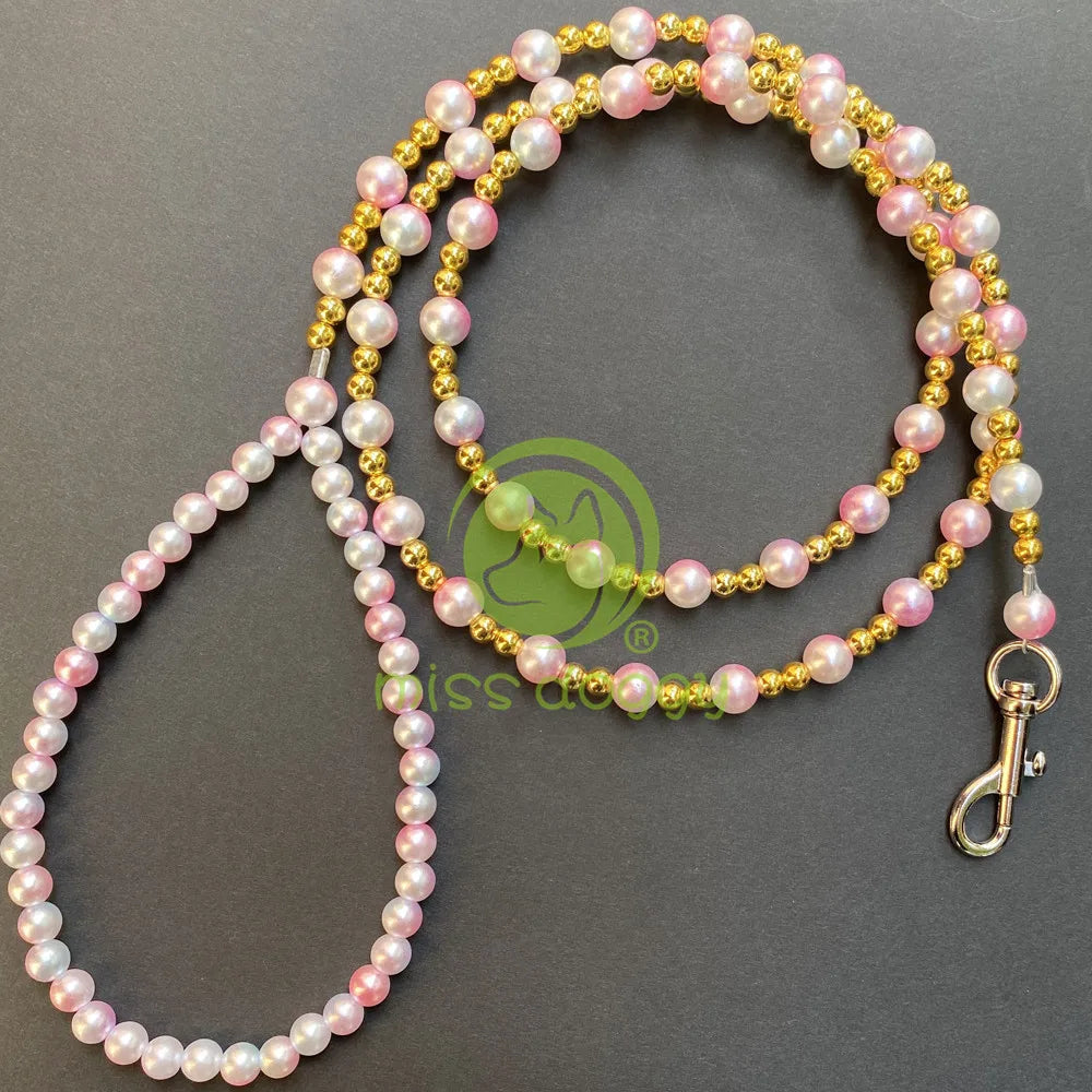 Luxury Pearls Beads Dog Leash Chain for Pets White Gold Leash for Dog Walking Dog Cat Collar Accessories Products for Small Dogs