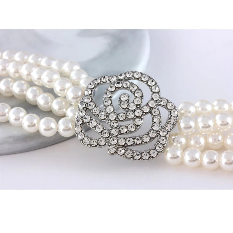 Luxury Dog Collar Flower Necklace Four-Rows Pearl Diamond Dog Accessories Rhinestone Chain Collars For Dog Neck Decor 20/25/30cm
