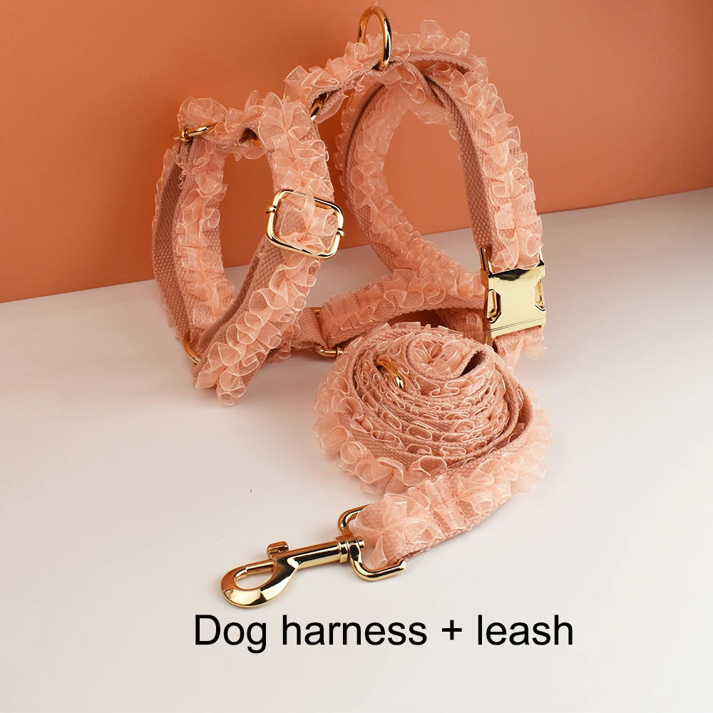 Luxury Lace Dog Collar with Custom Engraved Nameplate Personalized Pet Wedding Harness Accessory for Dogs