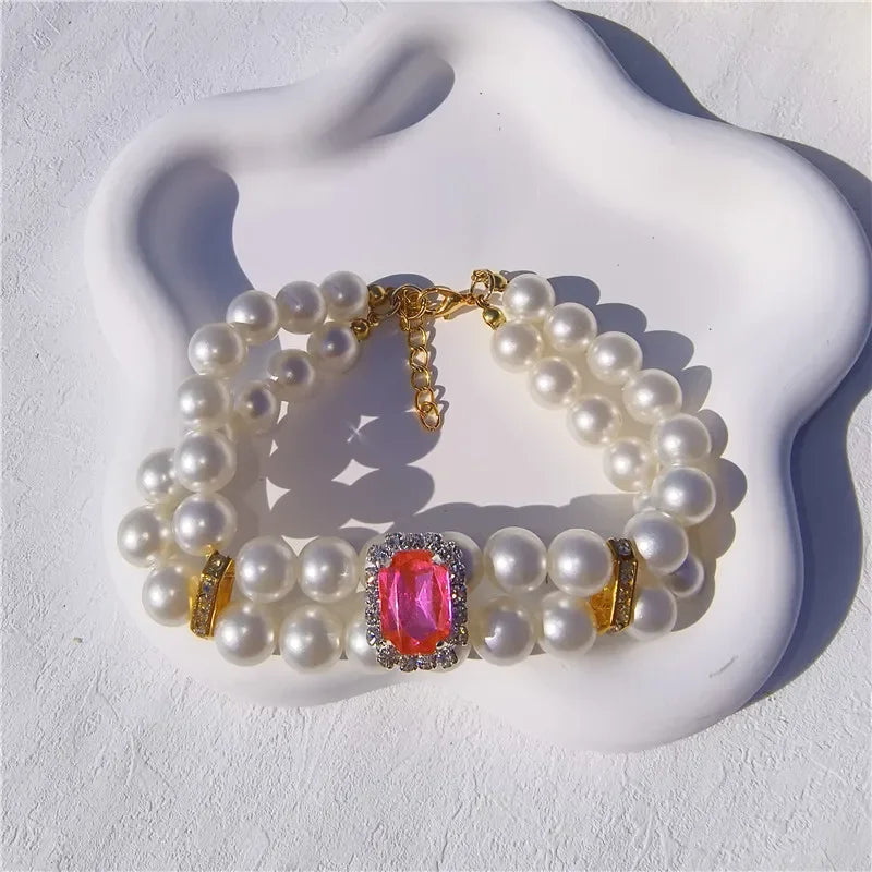 Pearl Dog Collar Necklaces Luxury Bling Rhinestones Wedding Collar Crystal Jewelry for Dogs Cat Clothes Costume Pet Accessories