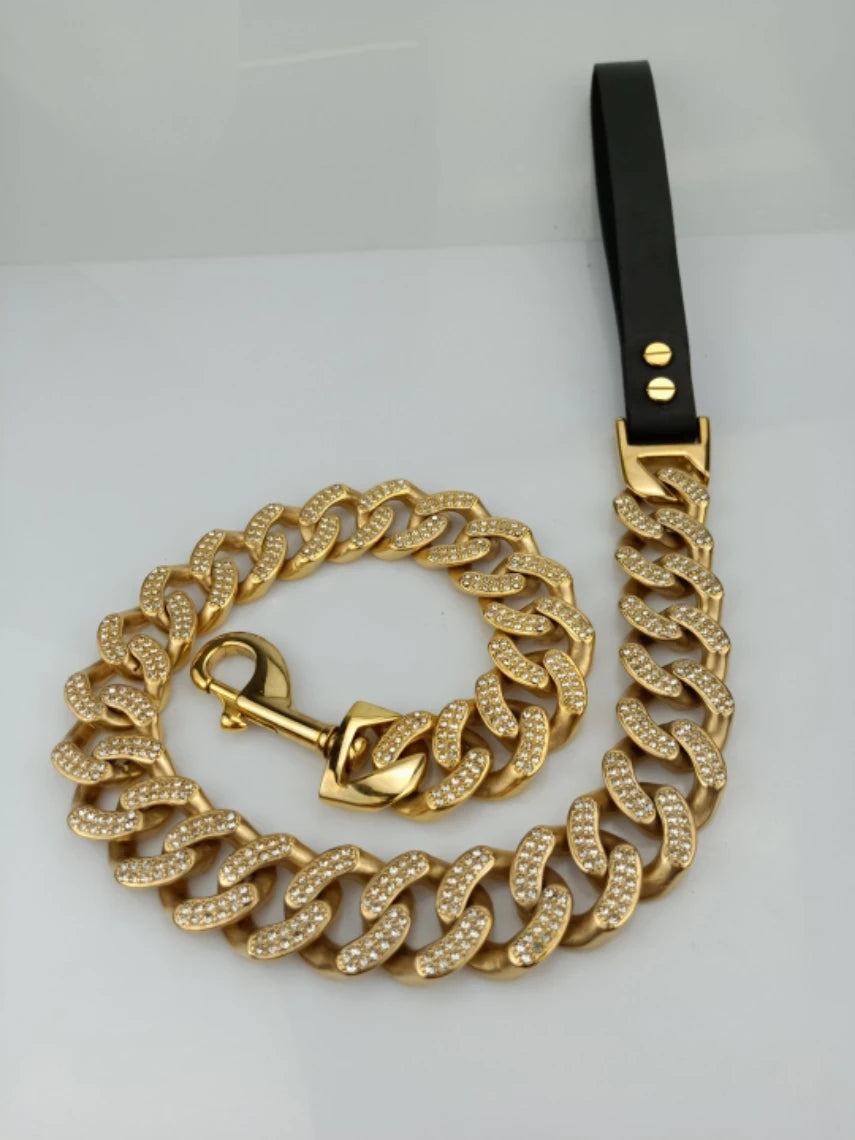 Luxury Rhinestone Dog Collar Chain Bling Diamond Customized 32mm Stainless Steel Pet Dog Collar Leash Bulldog Pitbull French