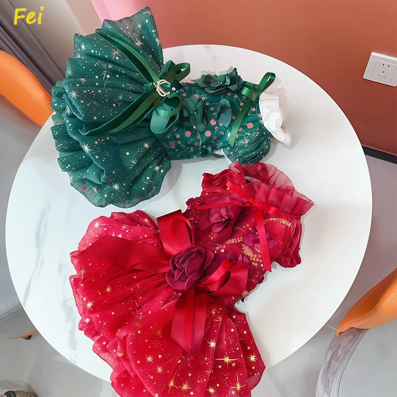 Luxury Handmade 
Christmas Velvet Dog Dress with Crystal Bow