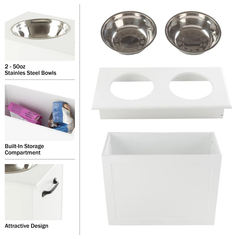 Elevated Dog Bowls with Storage, White