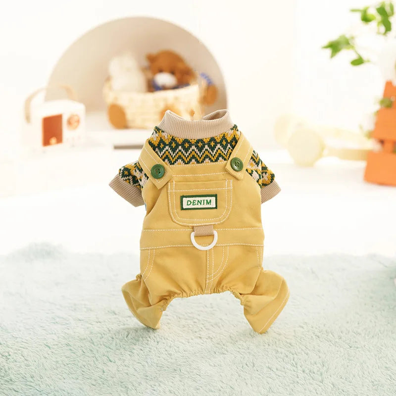 Pet Autumn and Winter Contrasting Overalls Single-layer Four Legged Pants Set Cute Dog Jumpsuit Pet Pajamas Puppy Clothes