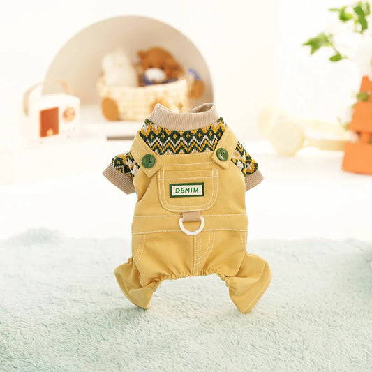 Pet Autumn and Winter Contrasting Overalls Single-layer Four Legged Pants Set Cute Dog Jumpsuit Pet Pajamas Puppy Clothes