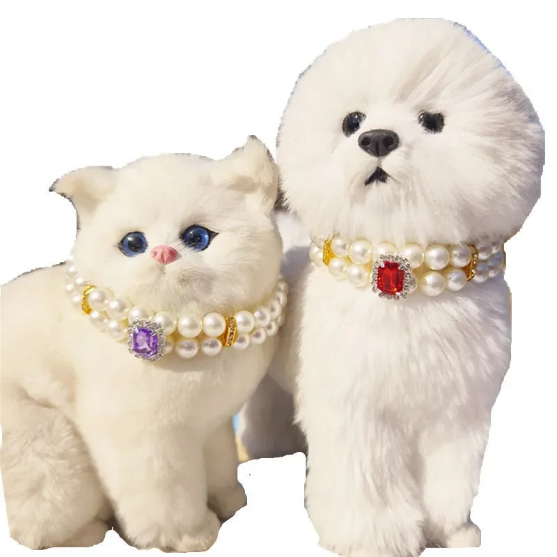 Pearl Dog Collar Necklaces Luxury Bling Rhinestones Wedding Collar Crystal Jewelry for Dogs Cat Clothes Costume Pet Accessories