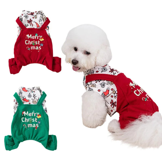 Pet Christmas Jumpsuit Pet Autumn and Winter Overalls Warm Teddy Jacket Dog Pajamas Puppy Clothes Four Legged Pants