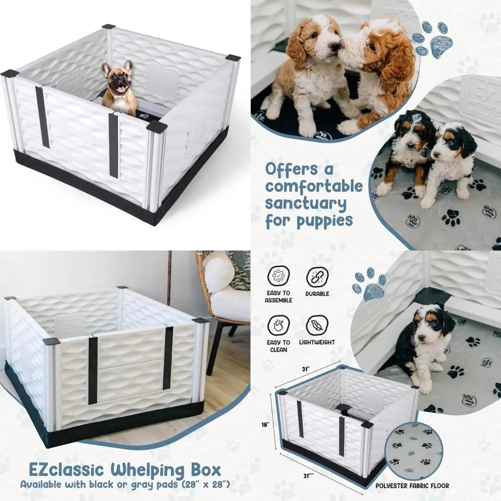 Small Padded Dog Whelping Box with Rails, Puppy Supplies, Black Pad, 28x28x18 Inches