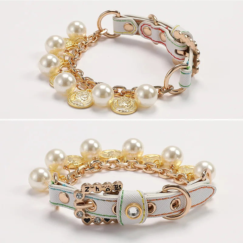 Luxury Pet Collar Pet Leash Delicate Imitation Pearl Dog Pearl Collars PU Leather Dog Metal Leash for Small Dogs Pet Accessories