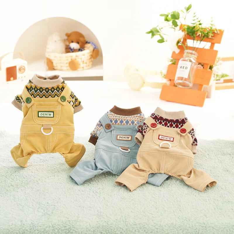 Pet Autumn and Winter Contrasting Overalls Single-layer Four Legged Pants Set Cute Dog Jumpsuit Pet Pajamas Puppy Clothes