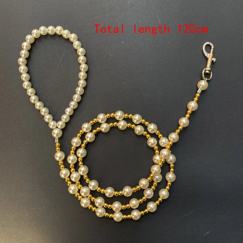 Luxury Pearls Beads Dog Leash Chain for Pets White Gold Leash for Dog Walking Dog Cat Collar Accessories Products for Small Dogs