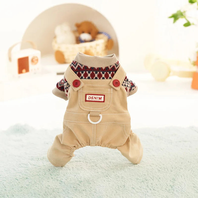 Pet Autumn and Winter Contrasting Overalls Single-layer Four Legged Pants Set Cute Dog Jumpsuit Pet Pajamas Puppy Clothes