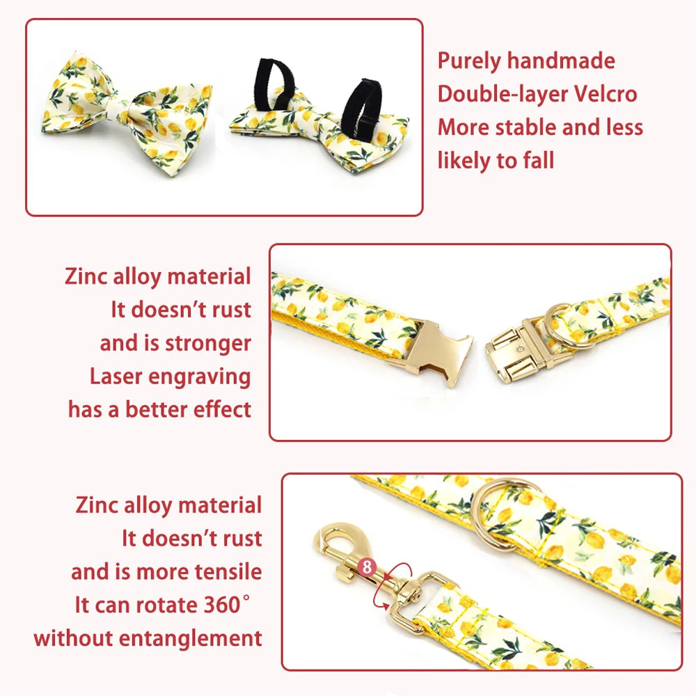 Personalized Pet Collar for Cats Small Medium Large Dogs Lemon Printing Luxury Designer Bow Dog Collar & Leash Set with Poop Bag