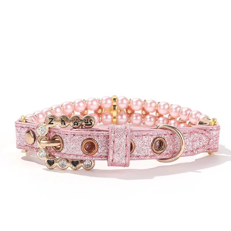 Pet Cat Pearl Collars with Luxury Crystal Rhinestone Diamond, Adjustable PU Leather Collar Necklace for Cats Small Medium Dogs