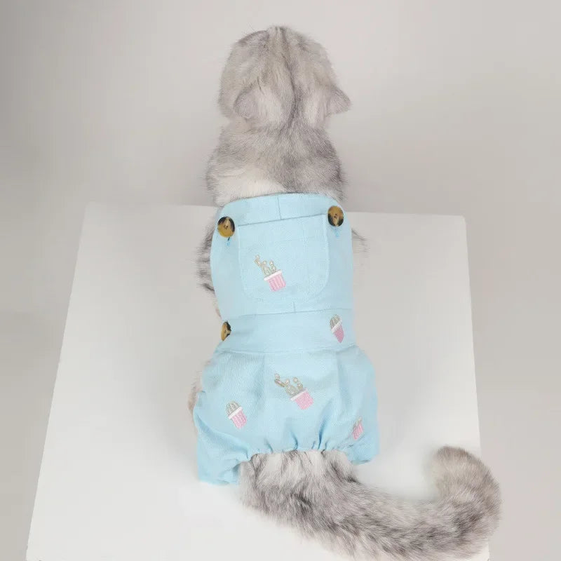 Pet denim overalls thickened overalls skirt cotton four seasons dog clothes embroidered pumpkin pants four seasons universal cor