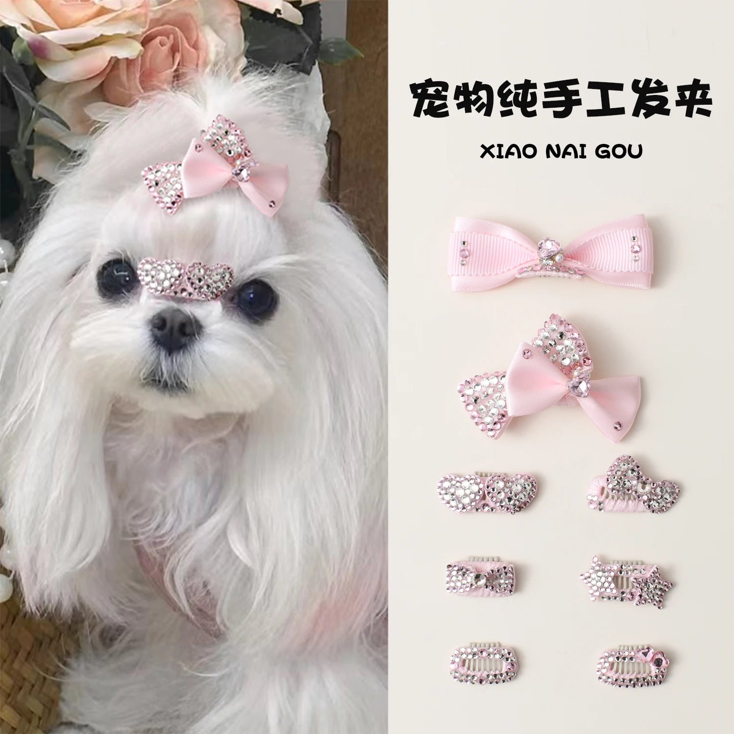 Luxury Pink Series Pet Dog Head-wear Supplies Fine Handmade Crystal Heart Bow Hairpins For Puppy Dogs Cute Hair Clips Jewelry